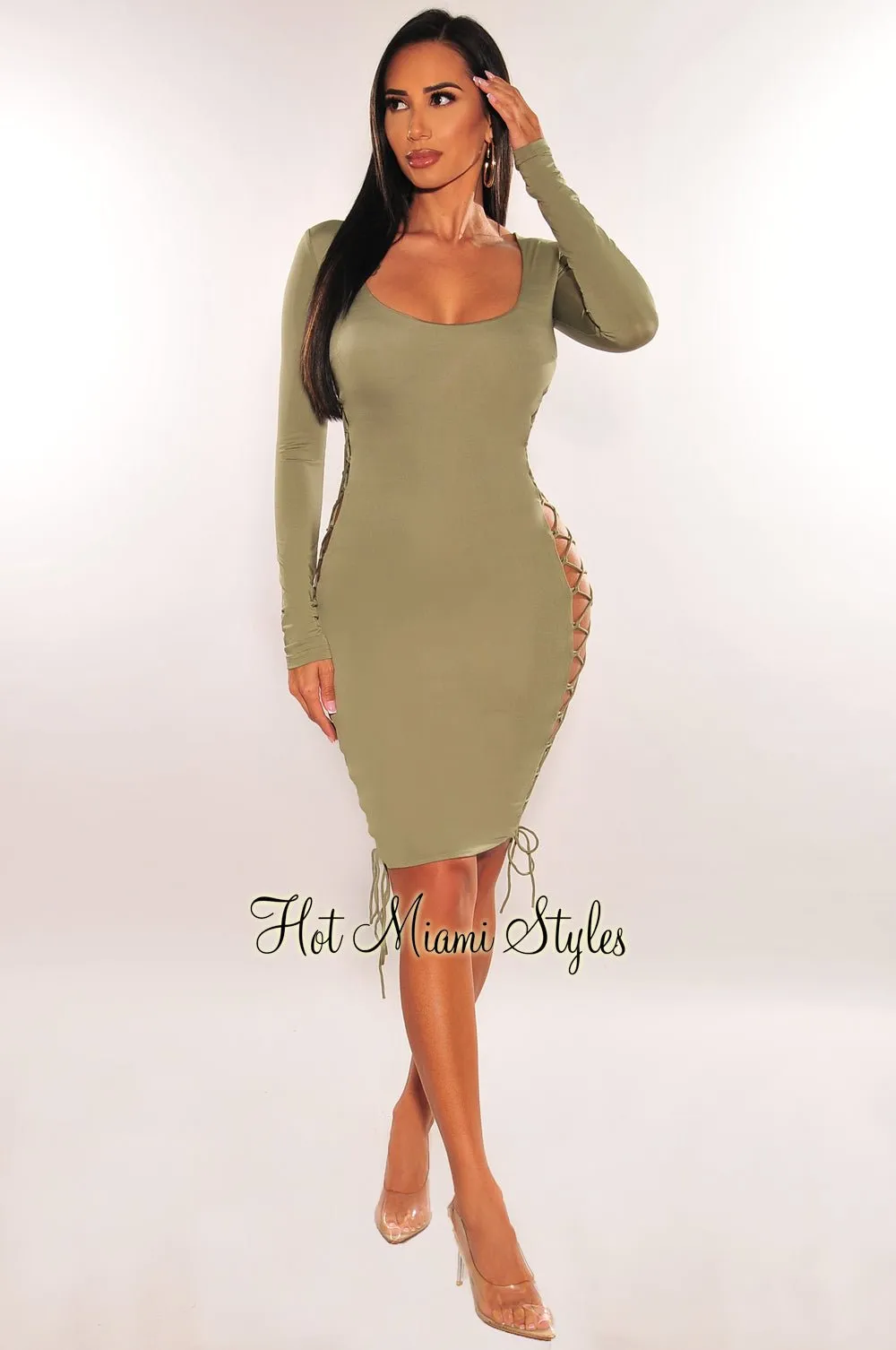 Sage Round Neck Long Sleeve Lace Up Sides Dress