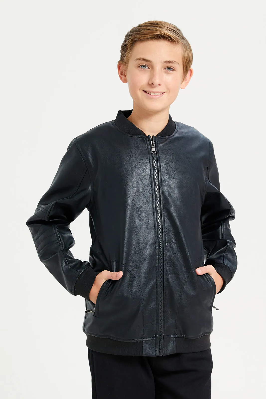 Senior Boys Black Plain Leather Jacket