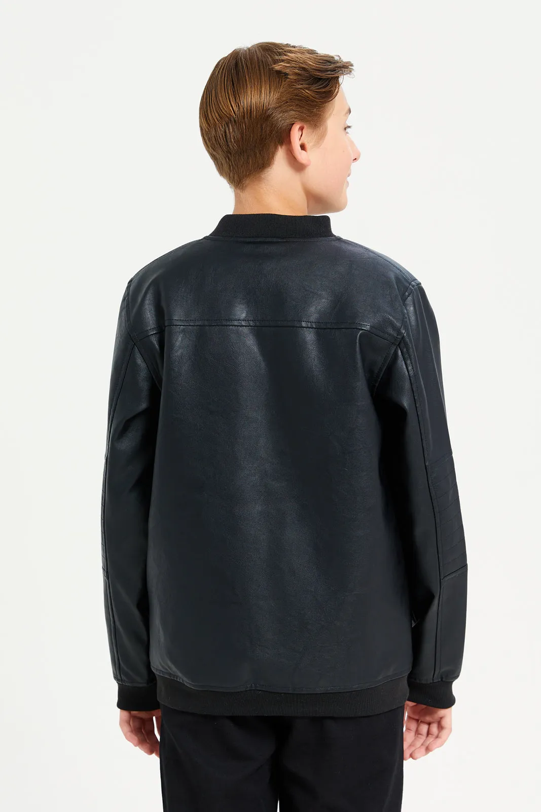 Senior Boys Black Plain Leather Jacket