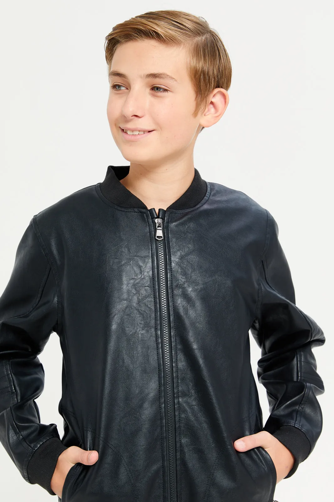 Senior Boys Black Plain Leather Jacket