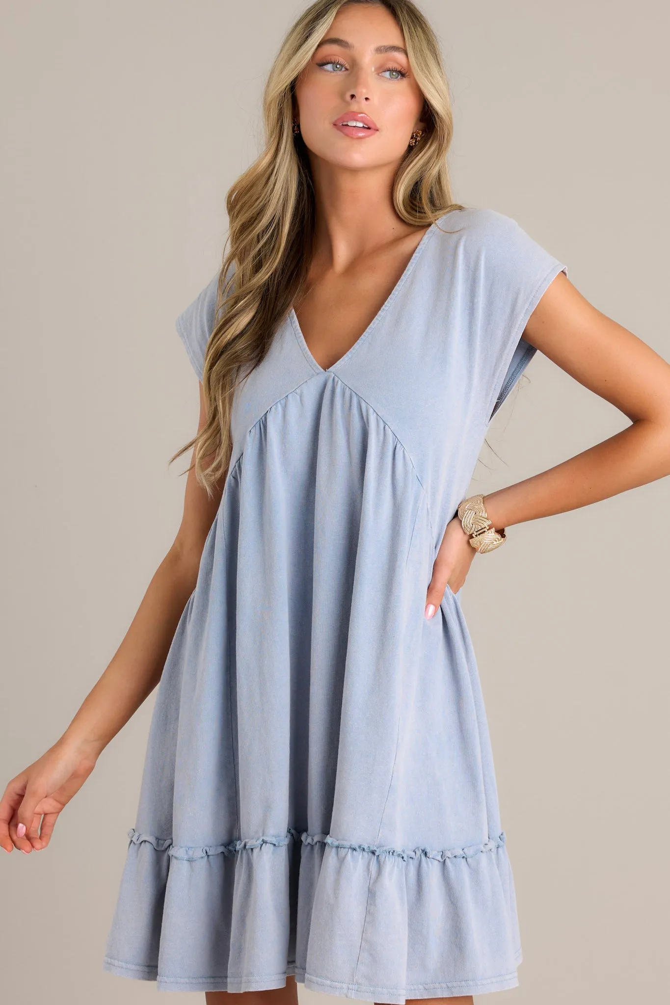 Serene Splendor Dusty Blue Cap Sleeve Mini Dress