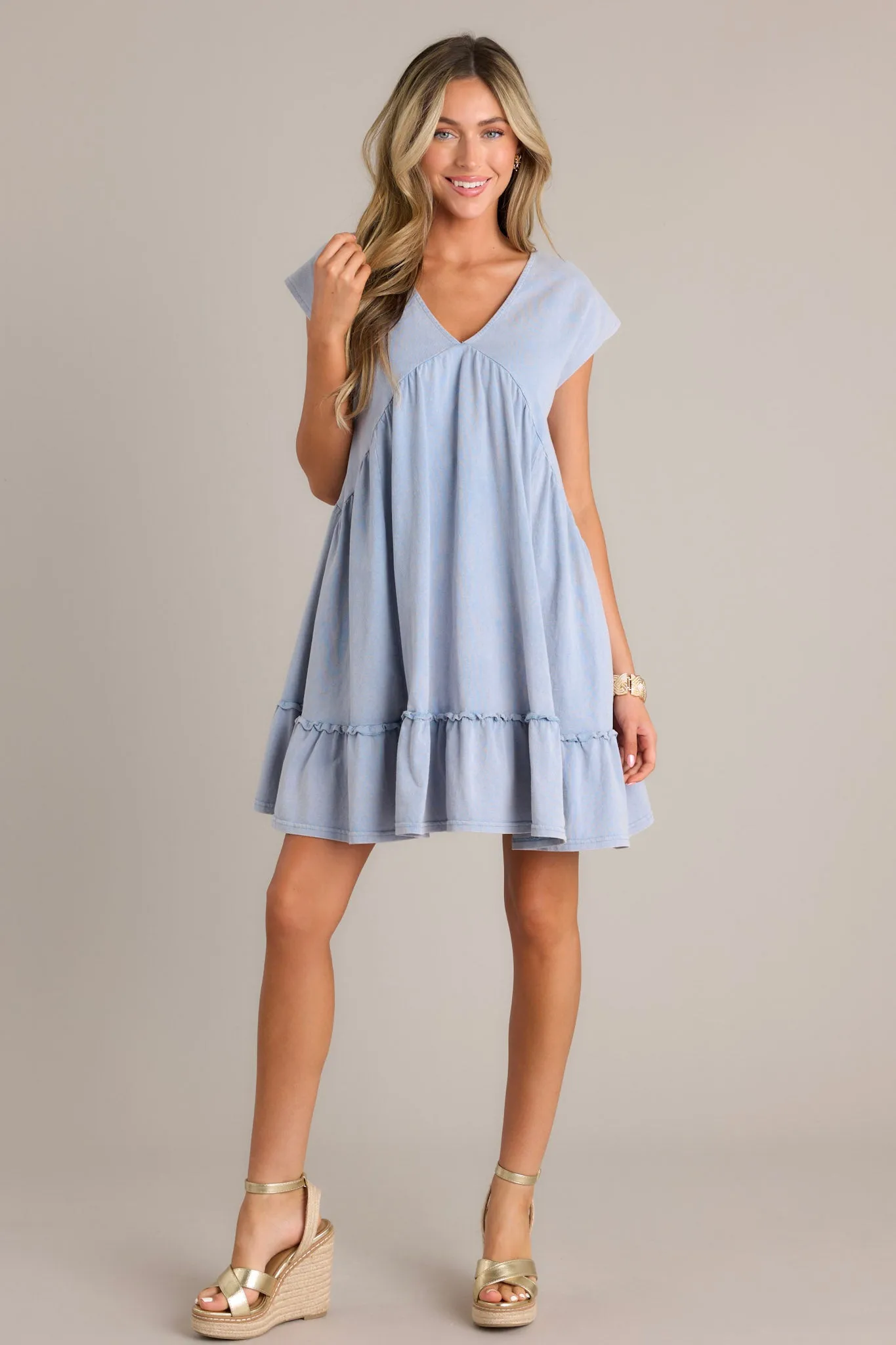 Serene Splendor Dusty Blue Cap Sleeve Mini Dress