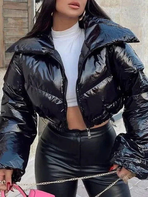 Shiny Metallic Long Sleeve Padded Crop Lapel Coats