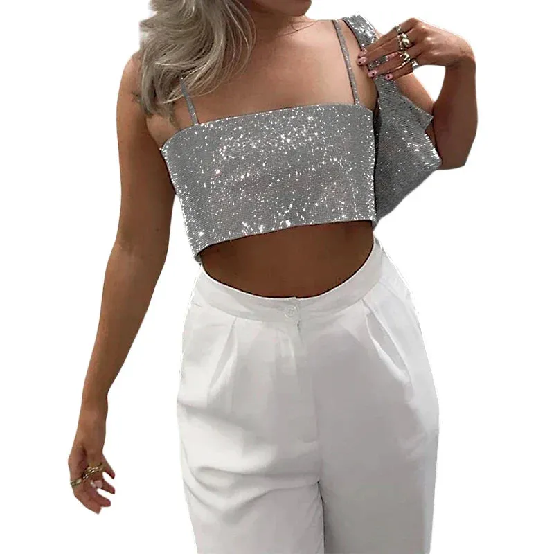 Sling Crop Glittering Sequin Camisoles Low Cut Suspender Summer Vest Club Party Wear Y2k Tank Women's Top