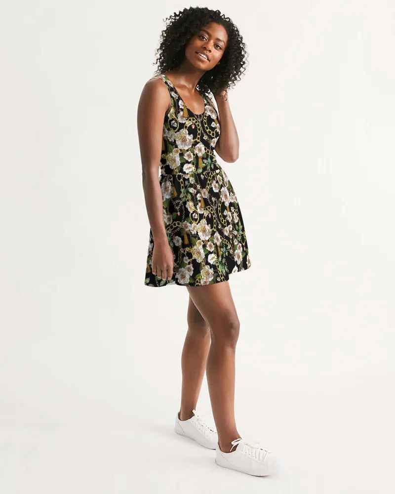 SMF Bejeweled Floral Feminine Scoop Neck Skater Dress