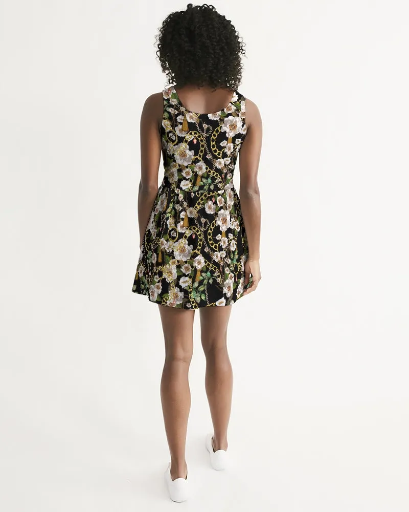 SMF Bejeweled Floral Feminine Scoop Neck Skater Dress