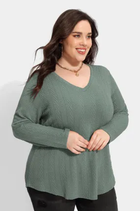 Solid V-neck Loose Long Sleeve Basic Shirt