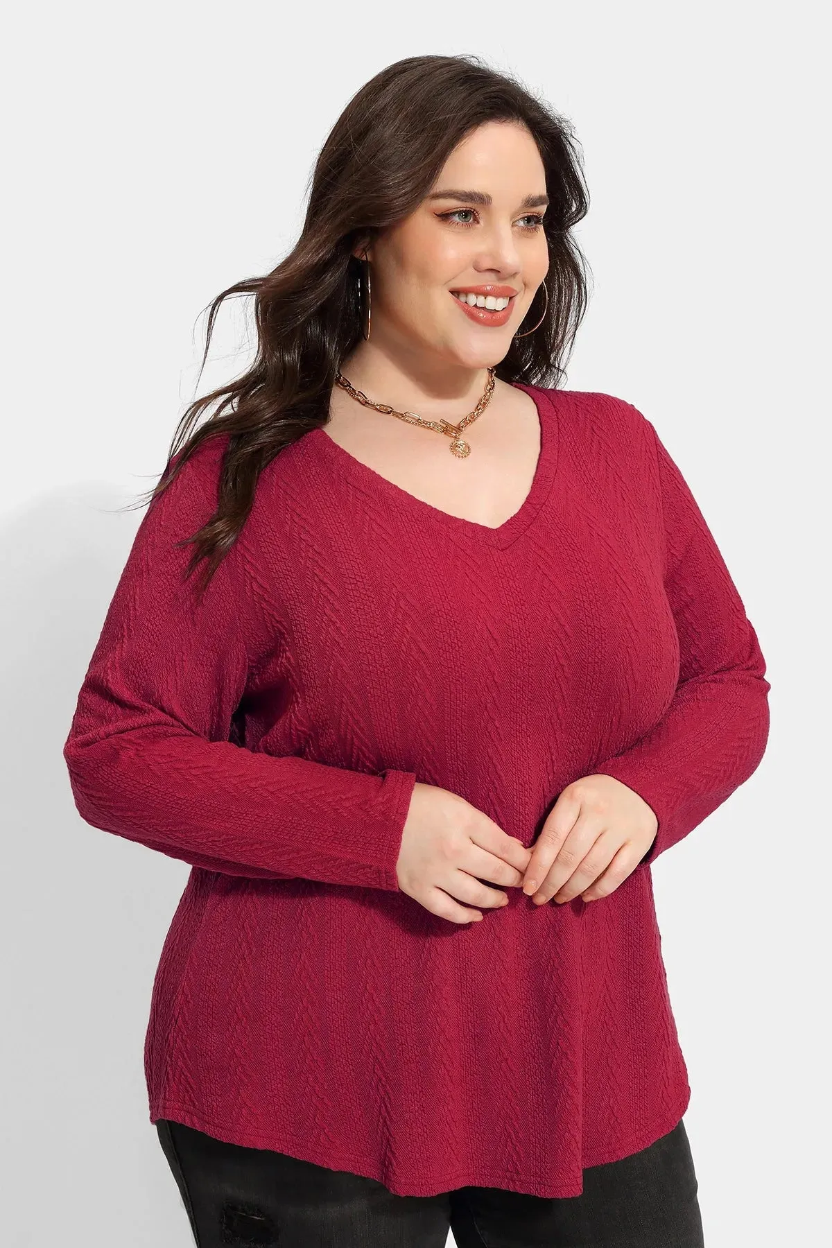 Solid V-neck Loose Long Sleeve Basic Shirt