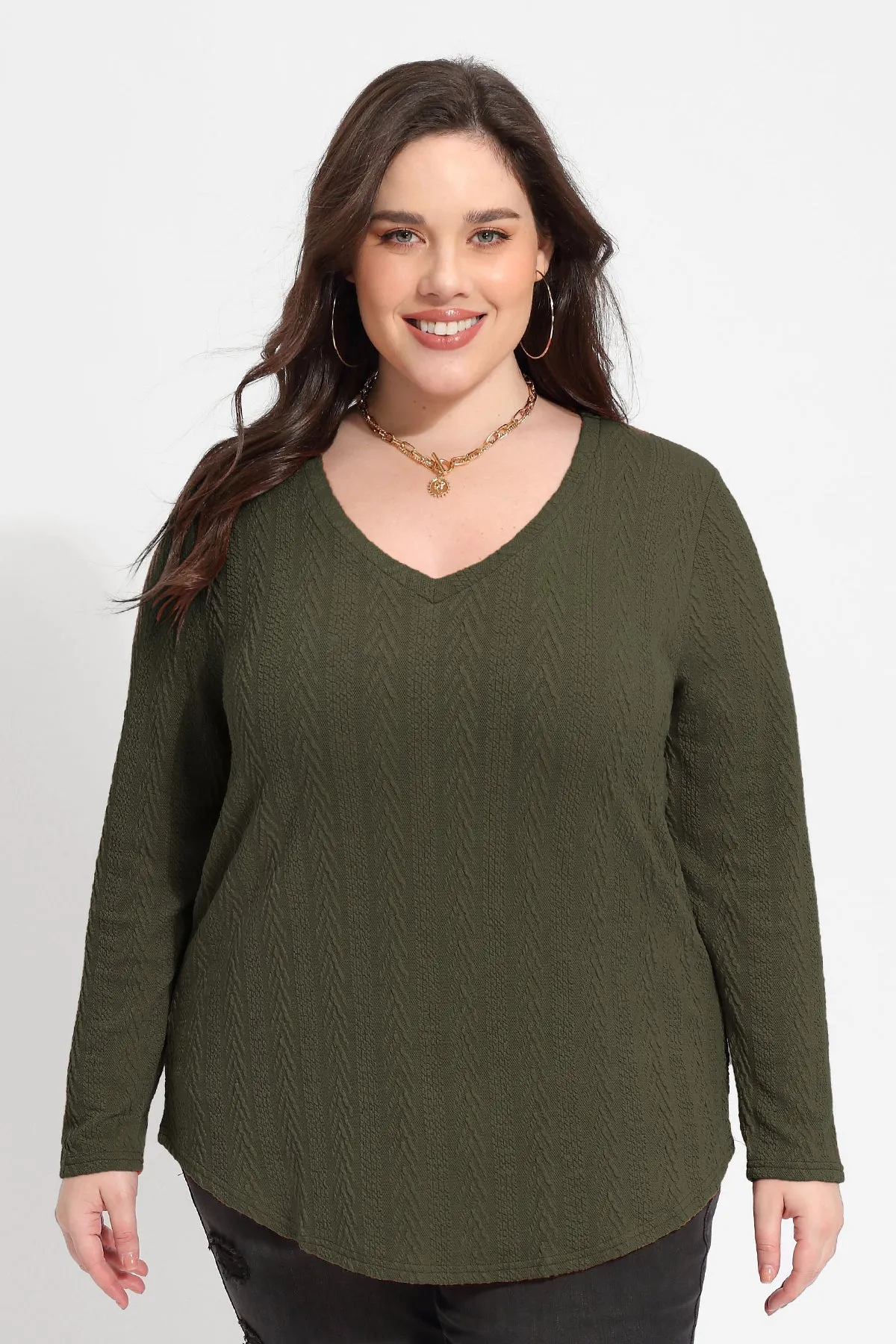 Solid V-neck Loose Long Sleeve Basic Shirt