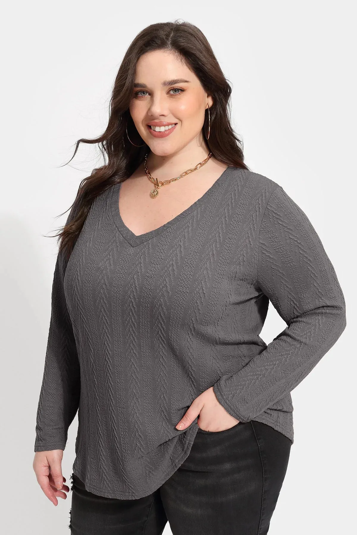 Solid V-neck Loose Long Sleeve Basic Shirt