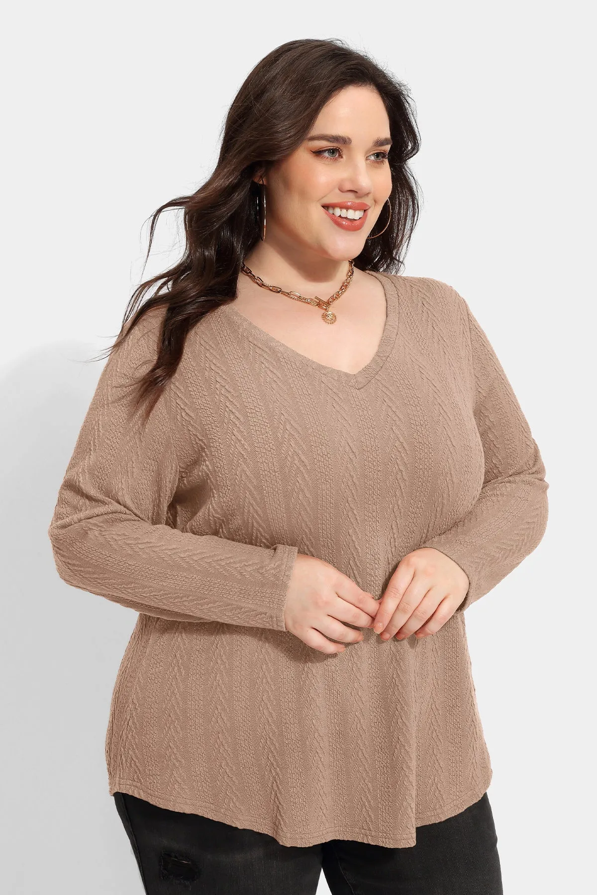 Solid V-neck Loose Long Sleeve Basic Shirt