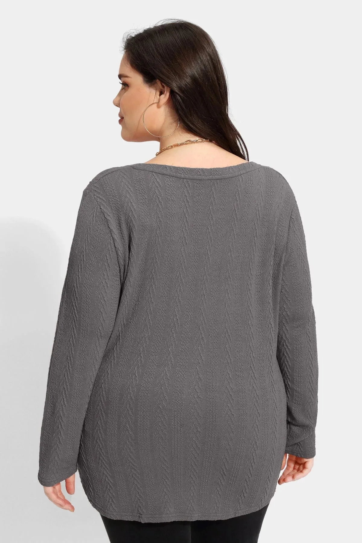 Solid V-neck Loose Long Sleeve Basic Shirt