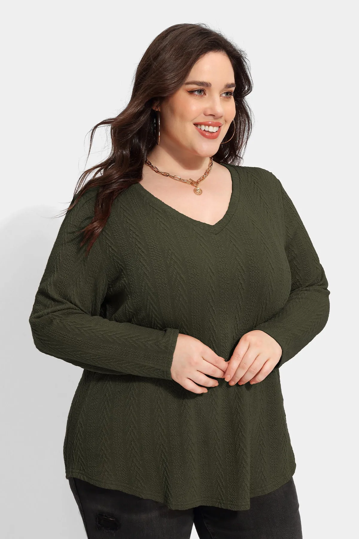 Solid V-neck Loose Long Sleeve Basic Shirt