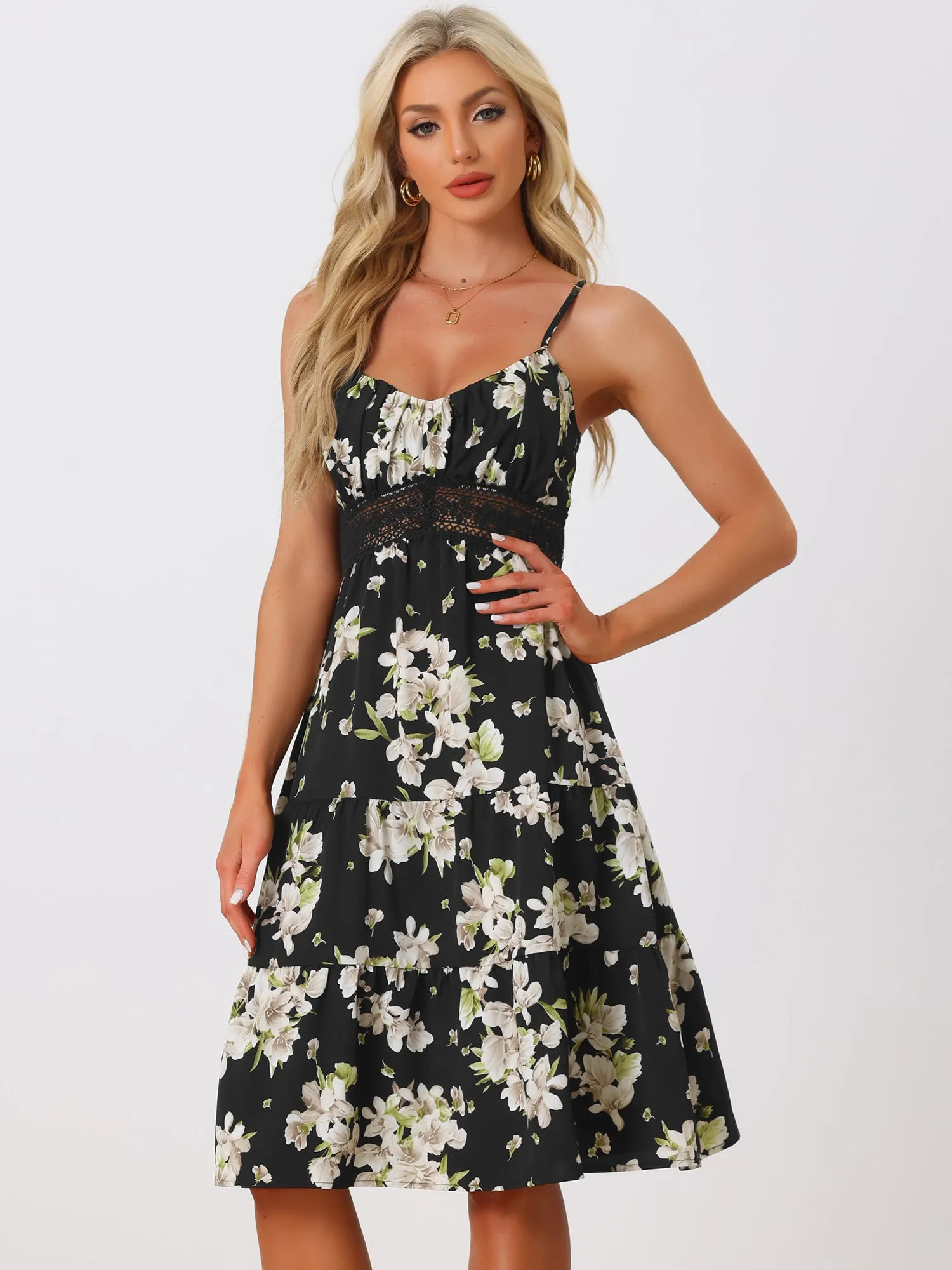 Spaghetti Strap Smocked Back Ruffled Hem Midi Floral Tiered Dress Sundress