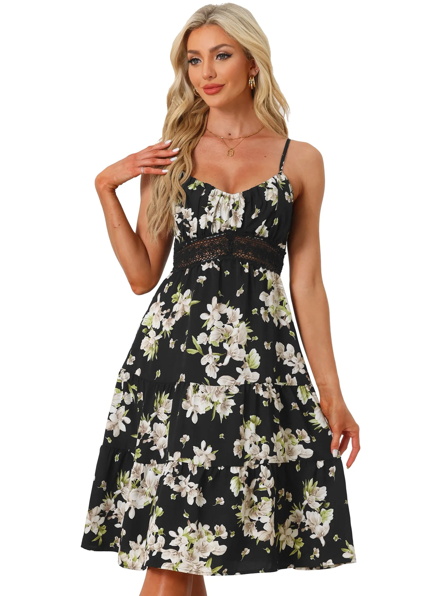 Spaghetti Strap Smocked Back Ruffled Hem Midi Floral Tiered Dress Sundress