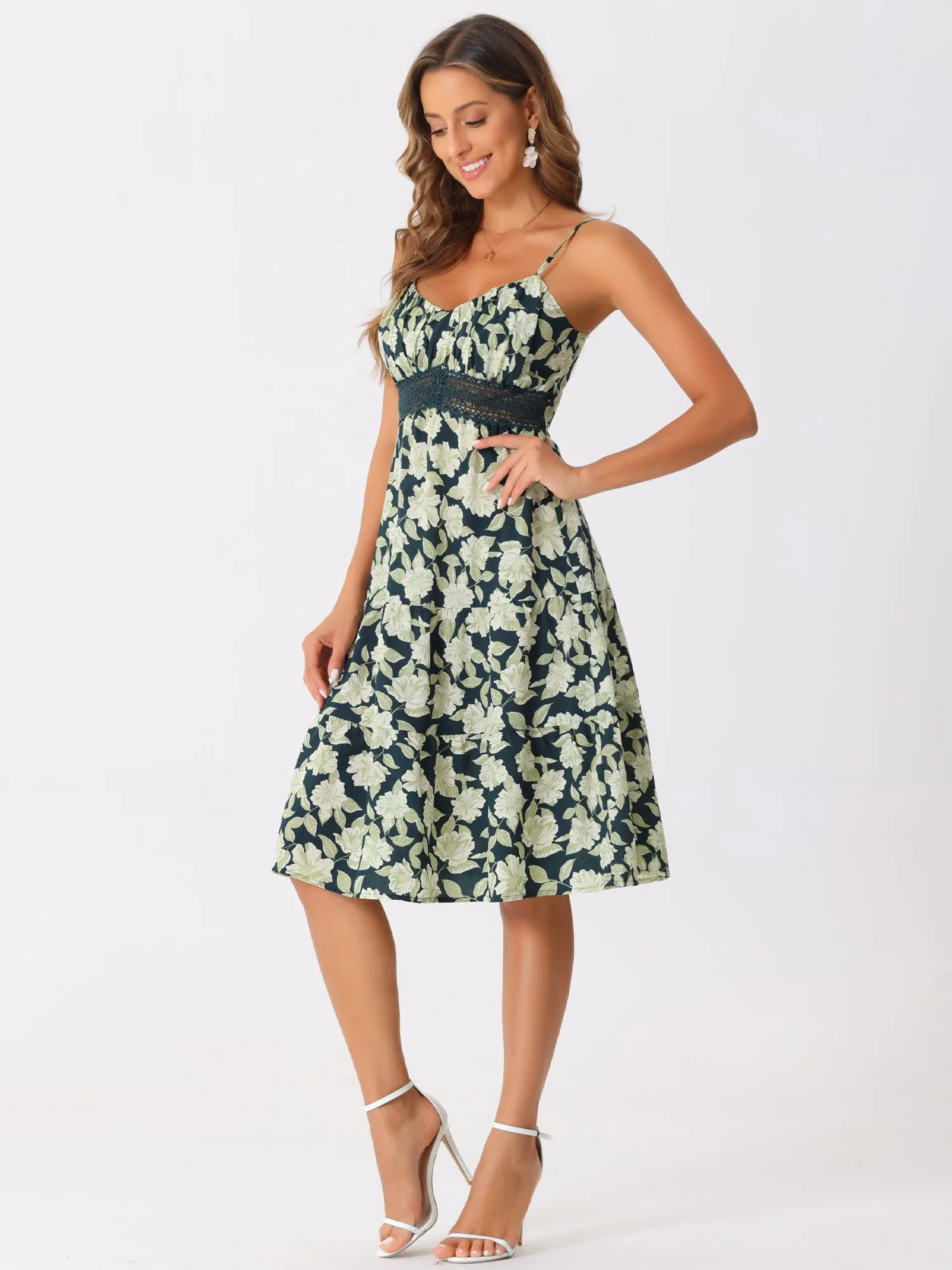 Spaghetti Strap Smocked Back Ruffled Hem Midi Floral Tiered Dress Sundress