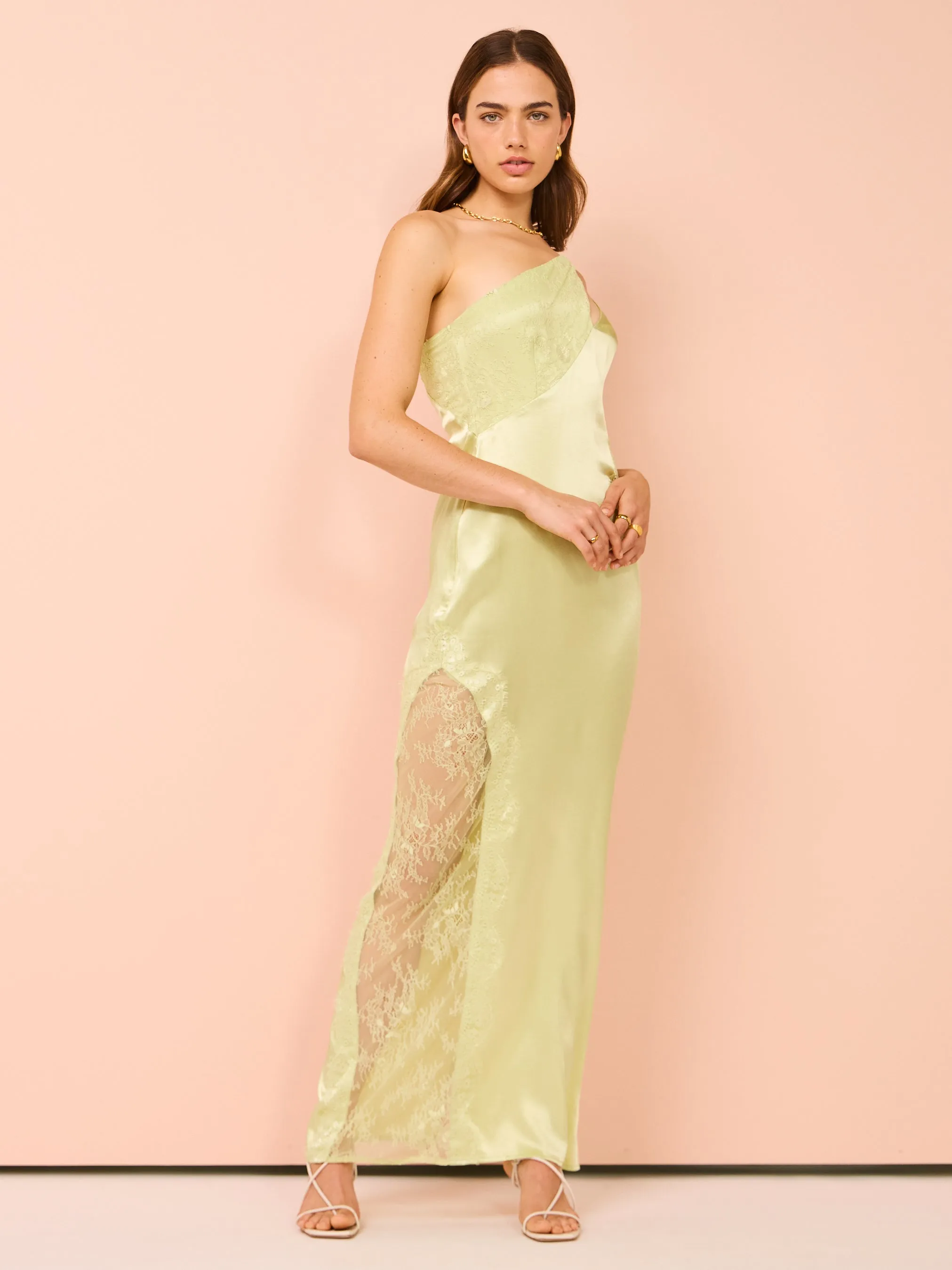 Suboo Nicky One Shoulder Maxi Dress in Celery Green