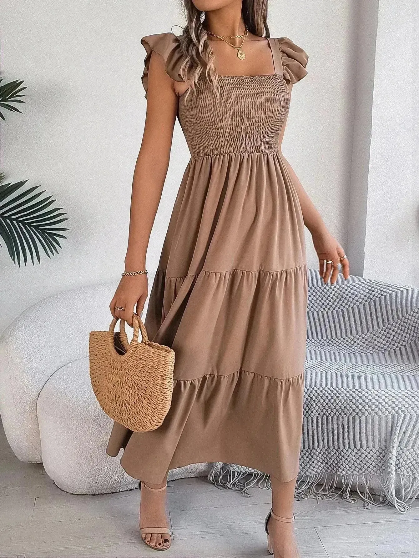 Summer Dress Casual Women's Sleeveless Midi Dress Pleated Long Layered Dress