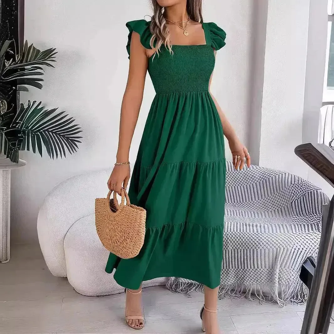 Summer Dress Casual Women's Sleeveless Midi Dress Pleated Long Layered Dress