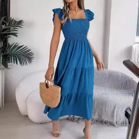 Summer Dress Casual Women's Sleeveless Midi Dress Pleated Long Layered Dress