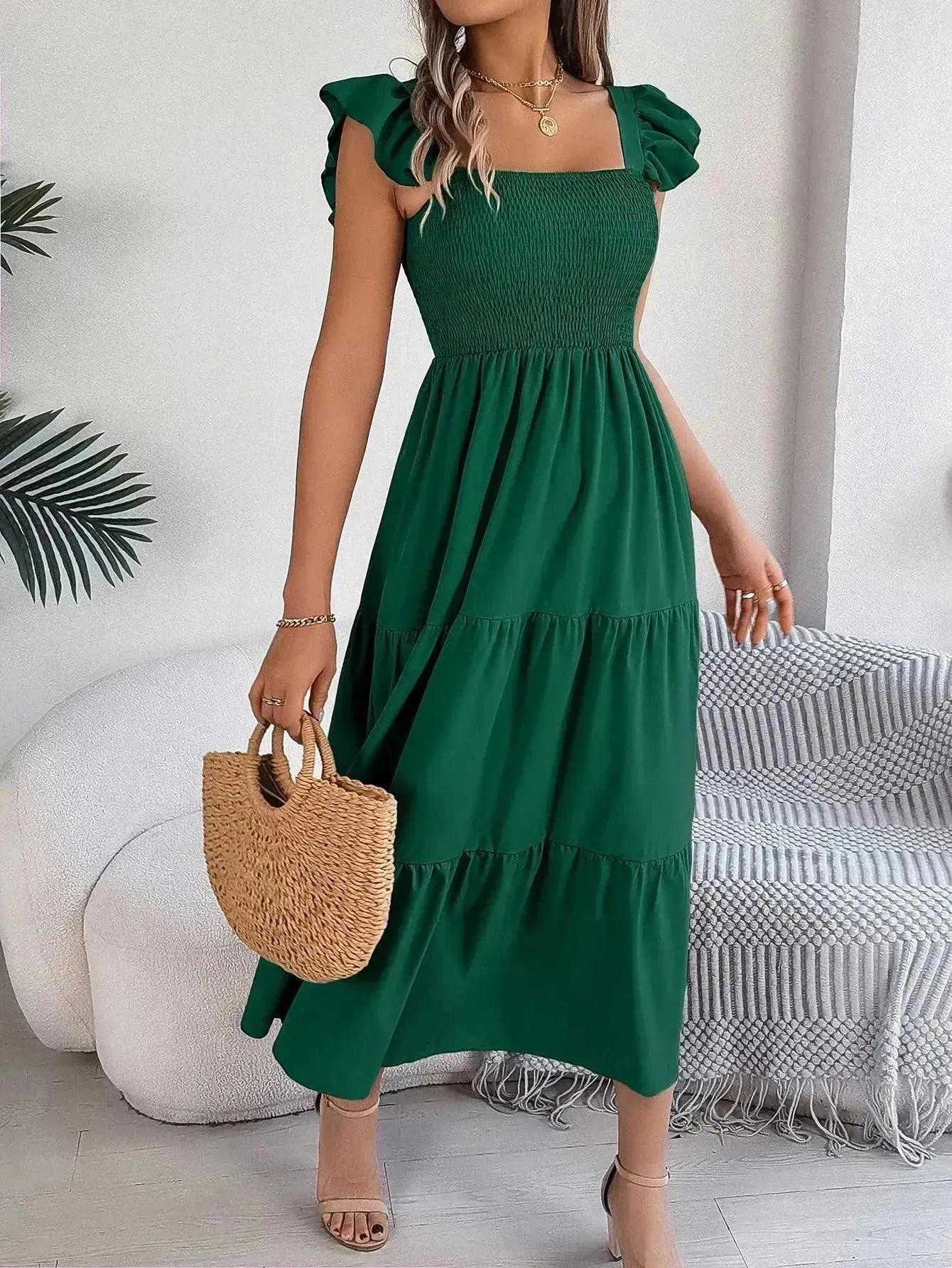 Summer Dress Casual Women's Sleeveless Midi Dress Pleated Long Layered Dress