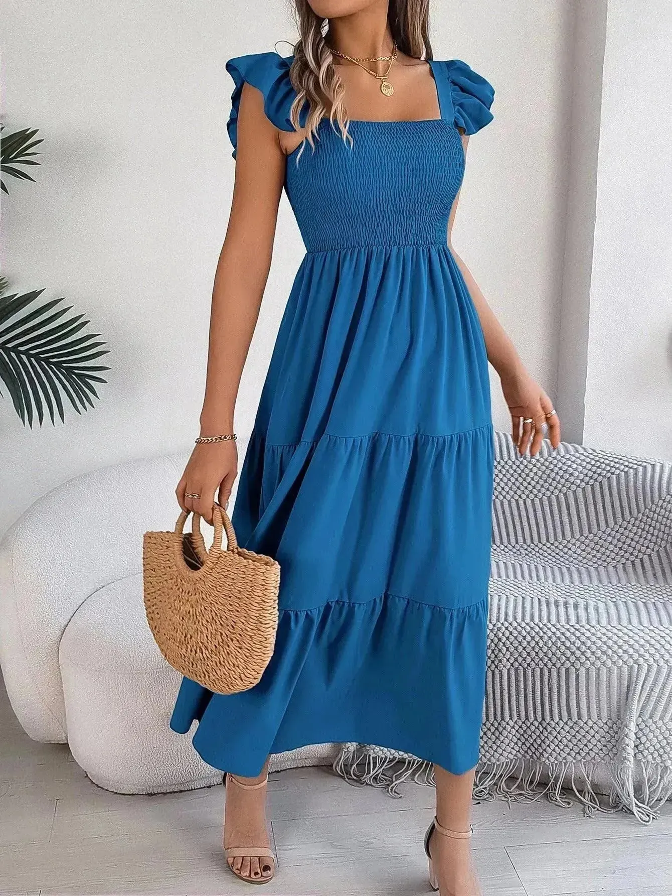 Summer Dress Casual Women's Sleeveless Midi Dress Pleated Long Layered Dress