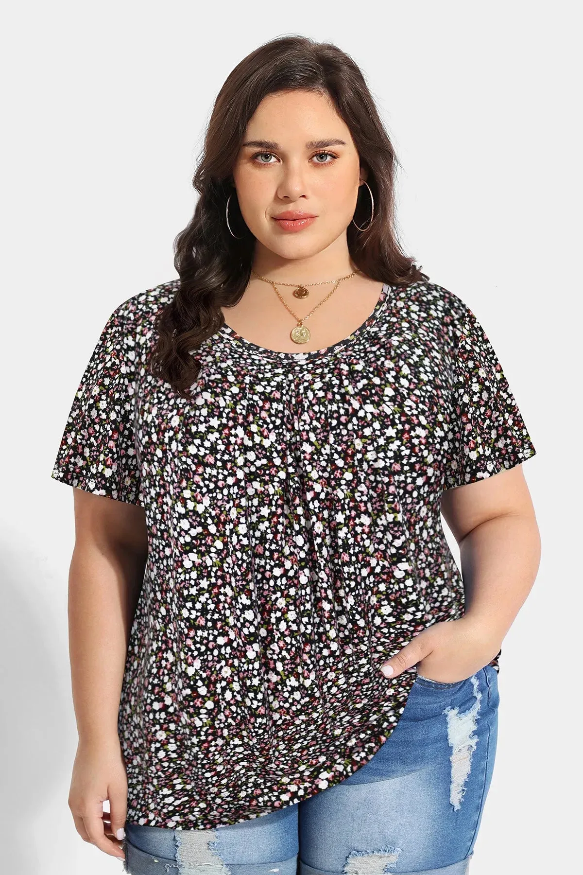 Supersoft Floral Resort Outfit Pleated Tunic T-Shirt