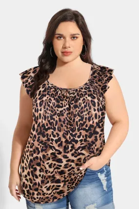 Supersoft Leopard Scoop Neck Ruffle Tank Top