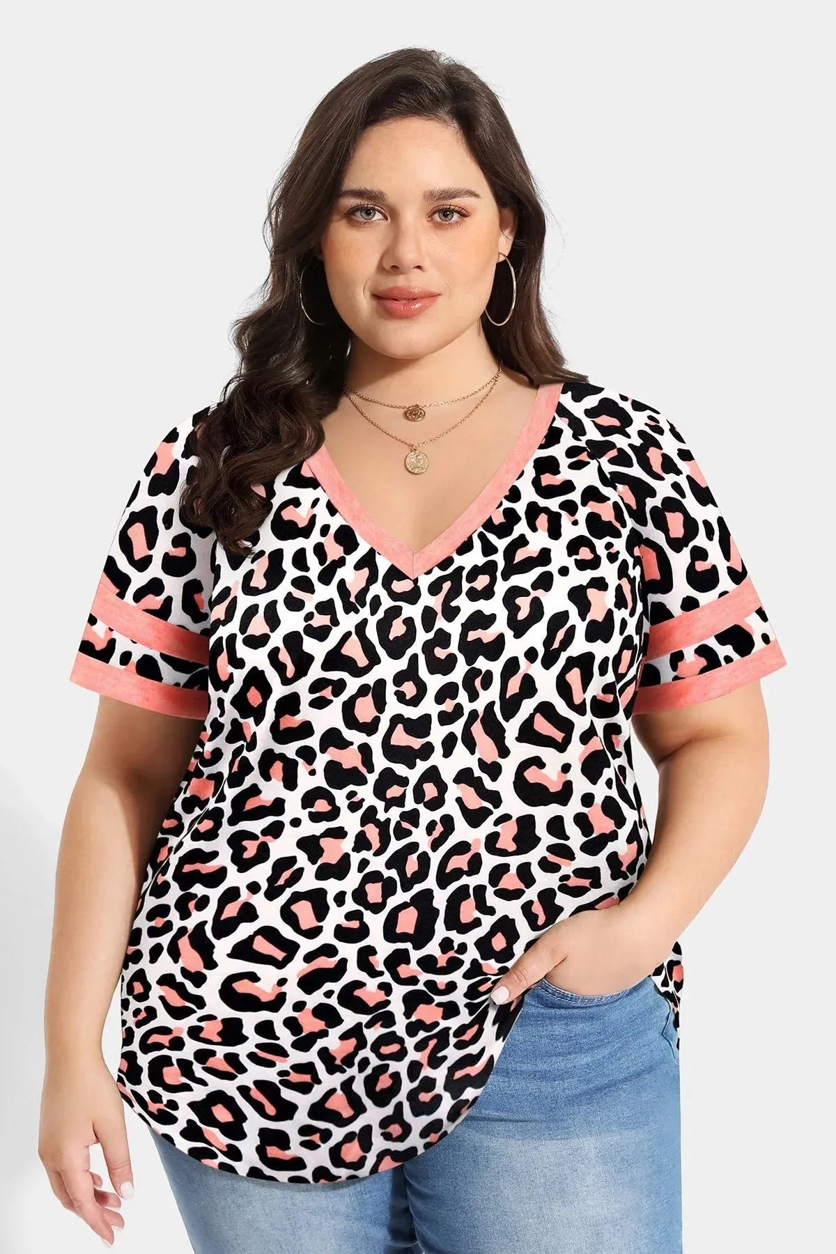 Supersoft Leopard V Neck Pink Short Sleeve Tunic T-Shirt