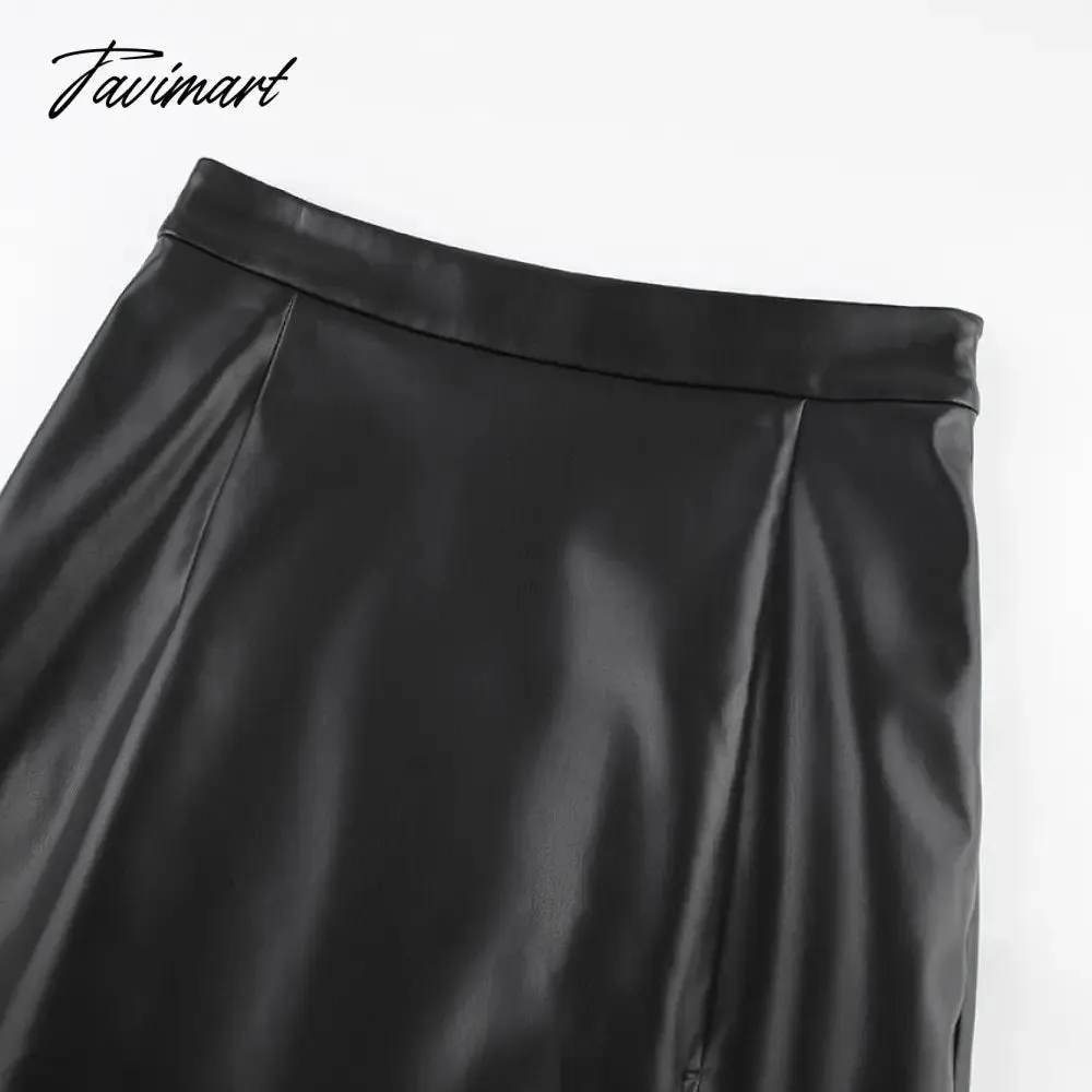 Tavimart Autumn Winter Women Sexy Midi Leather Skirts Solid Black High Waist Office Pencil Slit Skirt For Women