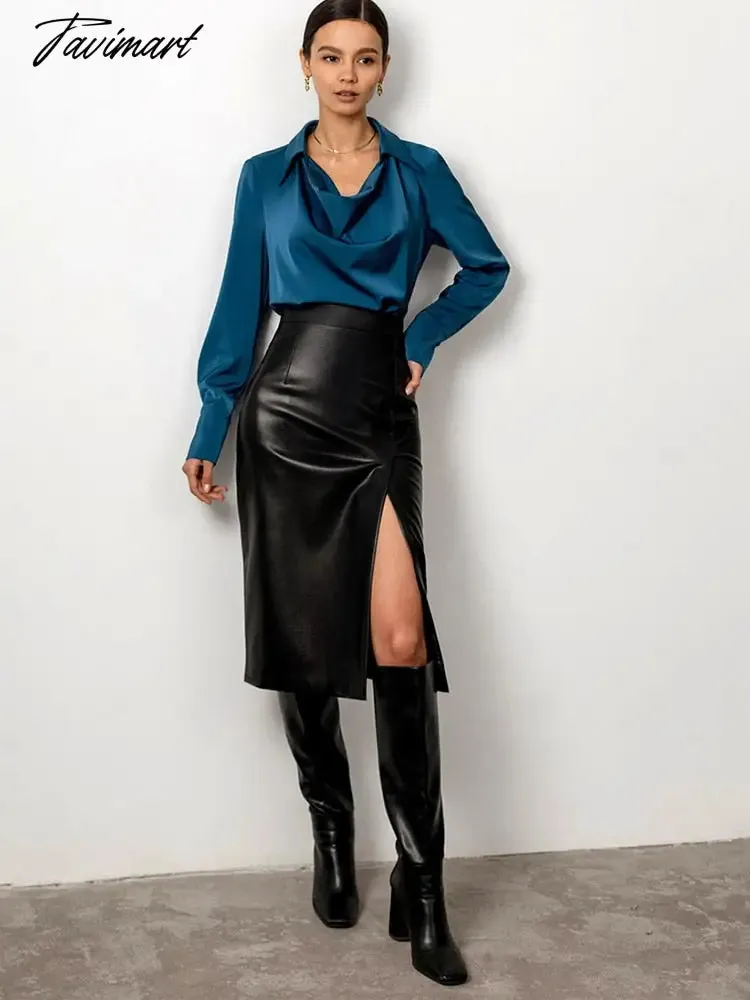 Tavimart Autumn Winter Women Sexy Midi Leather Skirts Solid Black High Waist Office Pencil Slit Skirt For Women