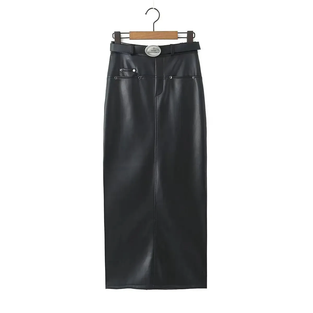 TAVIMART  -  Sexy Black Back Slit PU Leather Pencil Skirt With Belt Women Package Hips Maxi Long Skirts