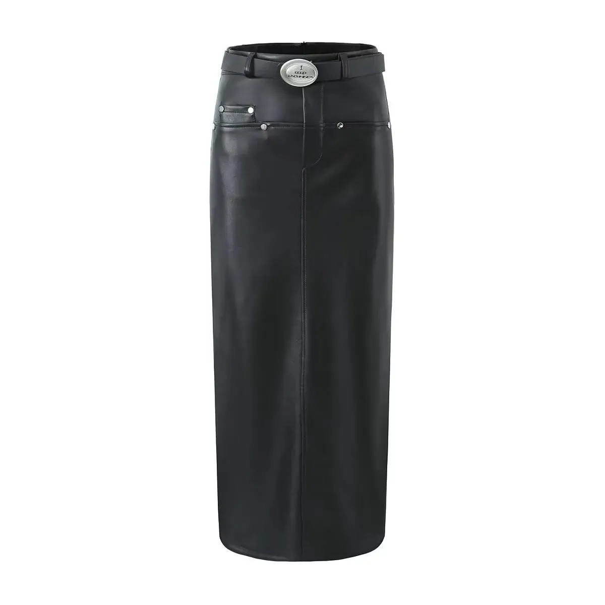 TAVIMART  -  Sexy Black Back Slit PU Leather Pencil Skirt With Belt Women Package Hips Maxi Long Skirts