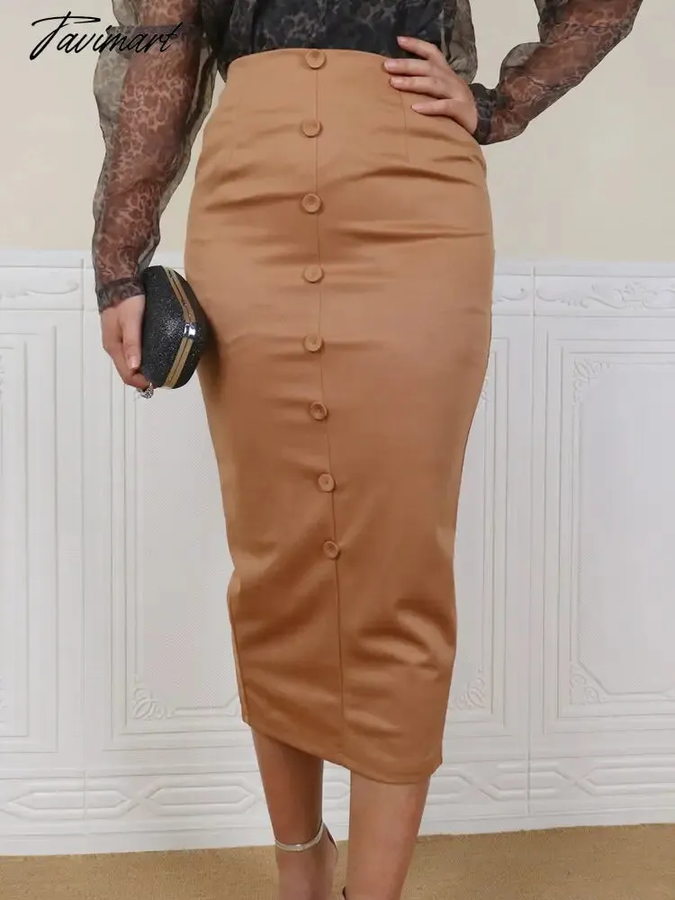 Tavimart Women Midi Pencil Skirt Elegant High Waist Buttons Classy Khaki Elastic Bodycon Retro Jupes Falads Saias Fall Office Wear