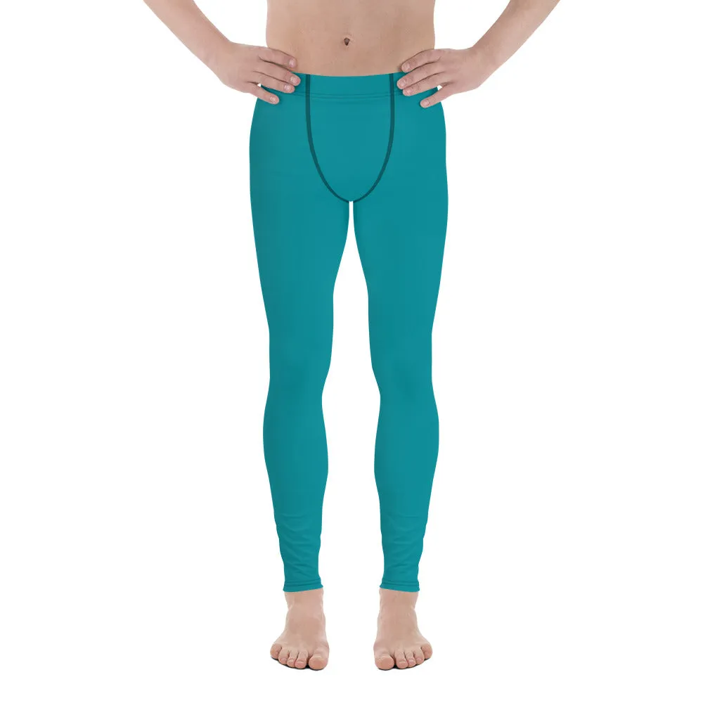 Teal Blue Men's Leggings, Solid Color Meggings Compression Tights-Made in USA/EU