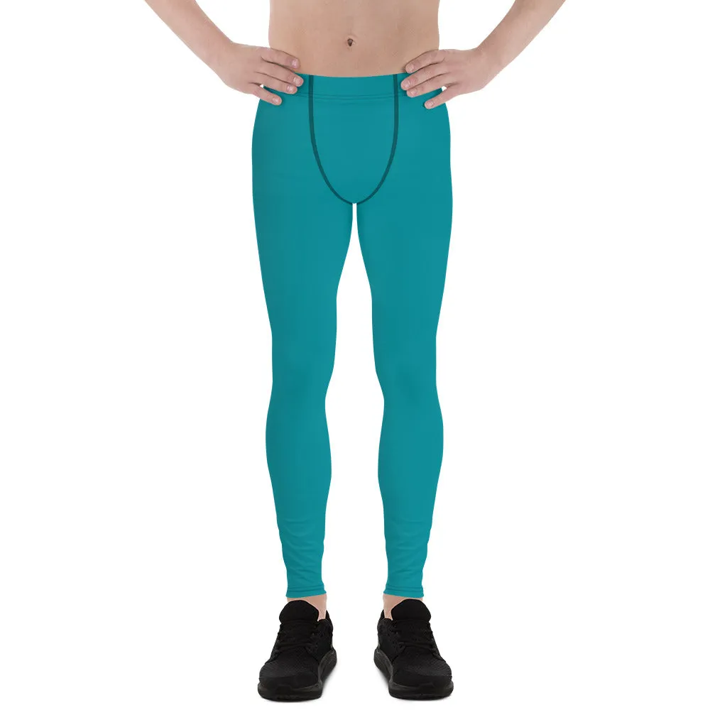 Teal Blue Men's Leggings, Solid Color Meggings Compression Tights-Made in USA/EU