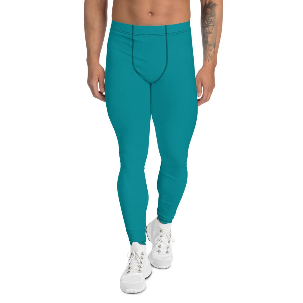 Teal Blue Men's Leggings, Solid Color Meggings Compression Tights-Made in USA/EU