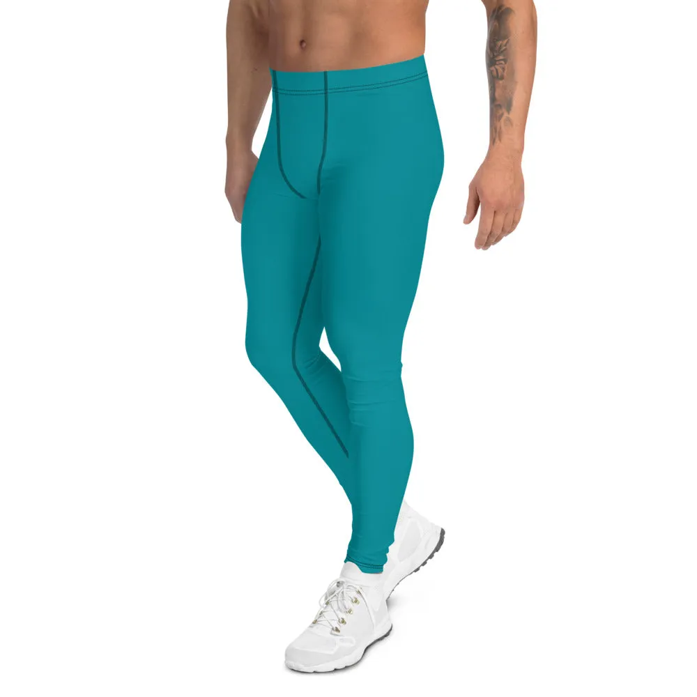 Teal Blue Men's Leggings, Solid Color Meggings Compression Tights-Made in USA/EU