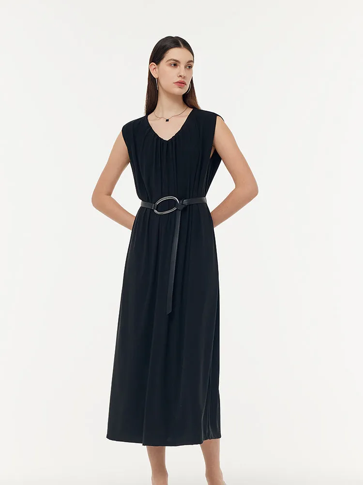 Tencel Knit Women Sleeveless Midi Dress With Leather Belt