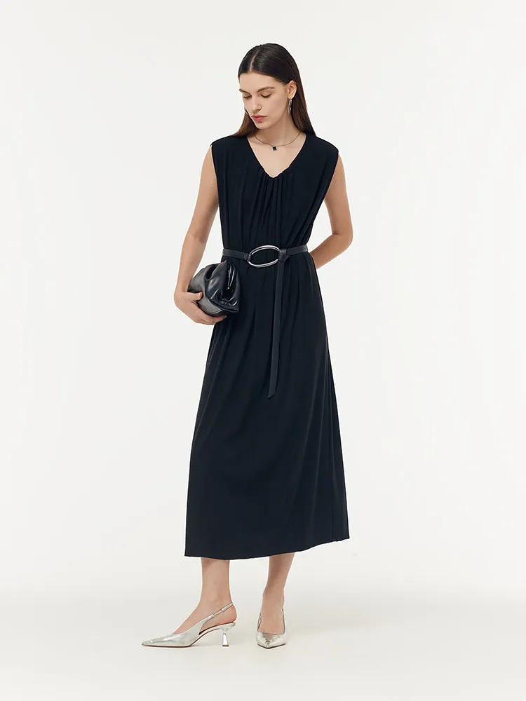 Tencel Knit Women Sleeveless Midi Dress With Leather Belt