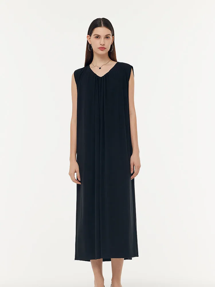 Tencel Knit Women Sleeveless Midi Dress With Leather Belt