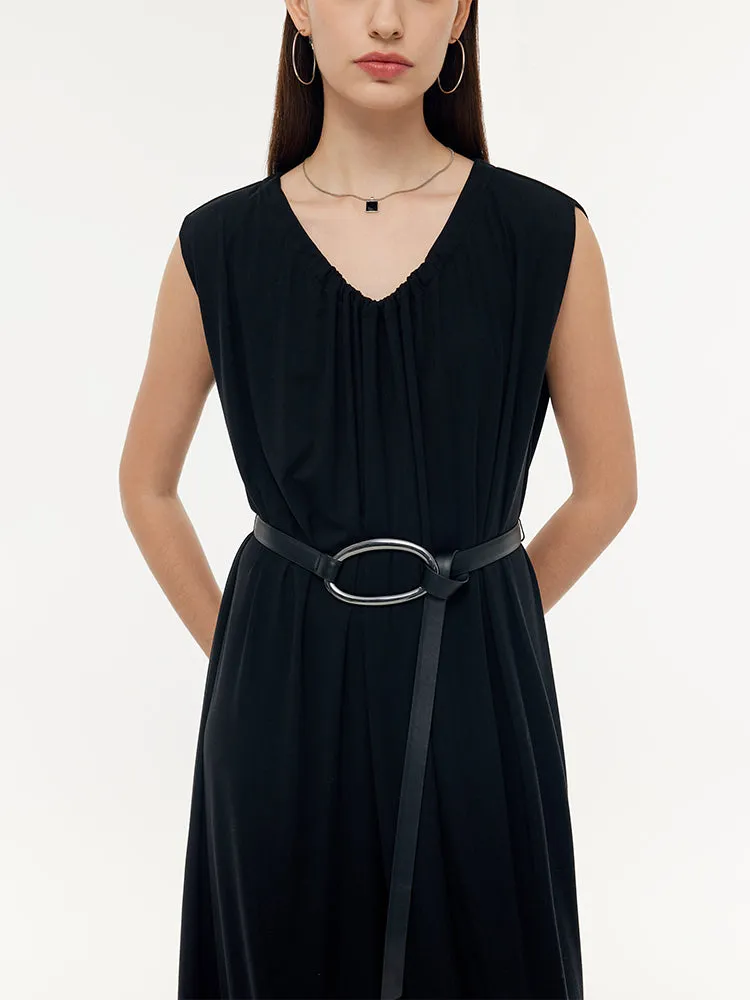 Tencel Knit Women Sleeveless Midi Dress With Leather Belt