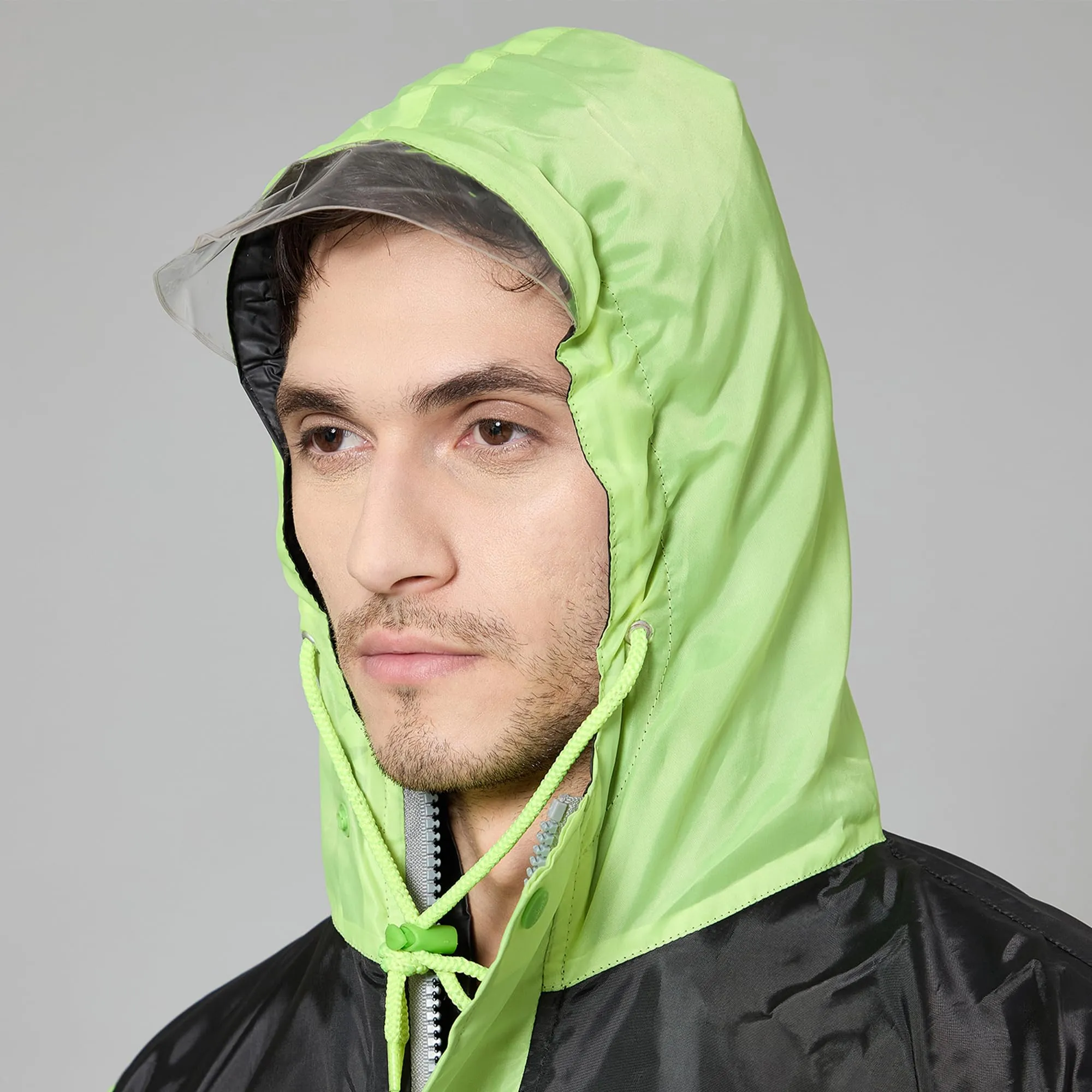 THE CLOWNFISH Raincoats for Men Waterproof Reversible for Bike Double Layer with Hood Rain Coat for Men. Set of Top and Bottom. Color Block Series (Black/Neon, 3XL)