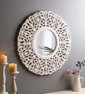 THE URBAN STORE Decorative & Hand Crafted Wooden Round Distressed White Finished Vanity Wall Mirror for Living Room, Bathroom, Bedroom (27x27 Inches)