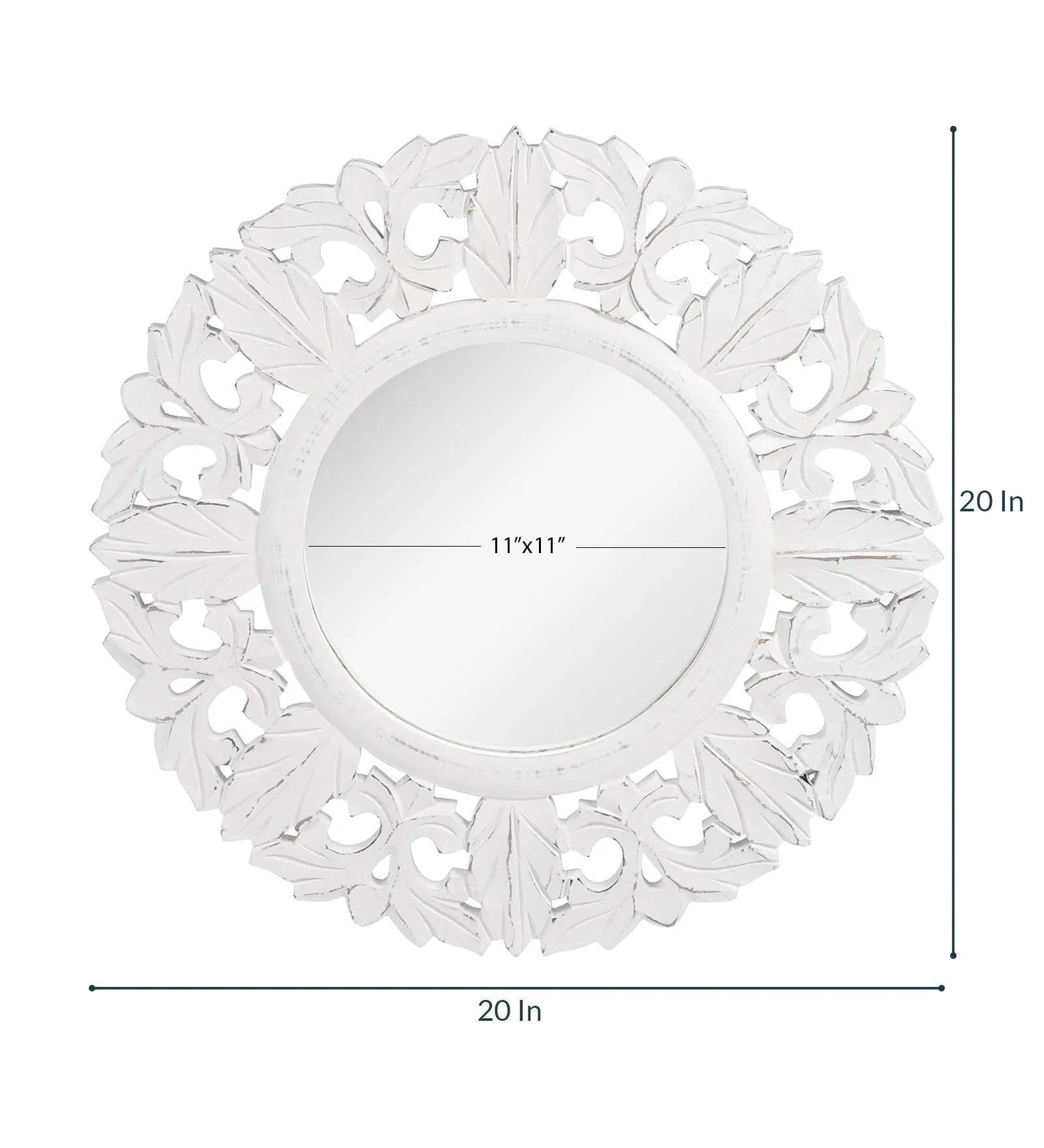 THE URBAN STORE Decorative & Hand Crafted Wooden Round Shape Distressed White Finished Vanity Wall Mirror for Living Room, Bathroom, Bedroom (20"x 20" Inches)