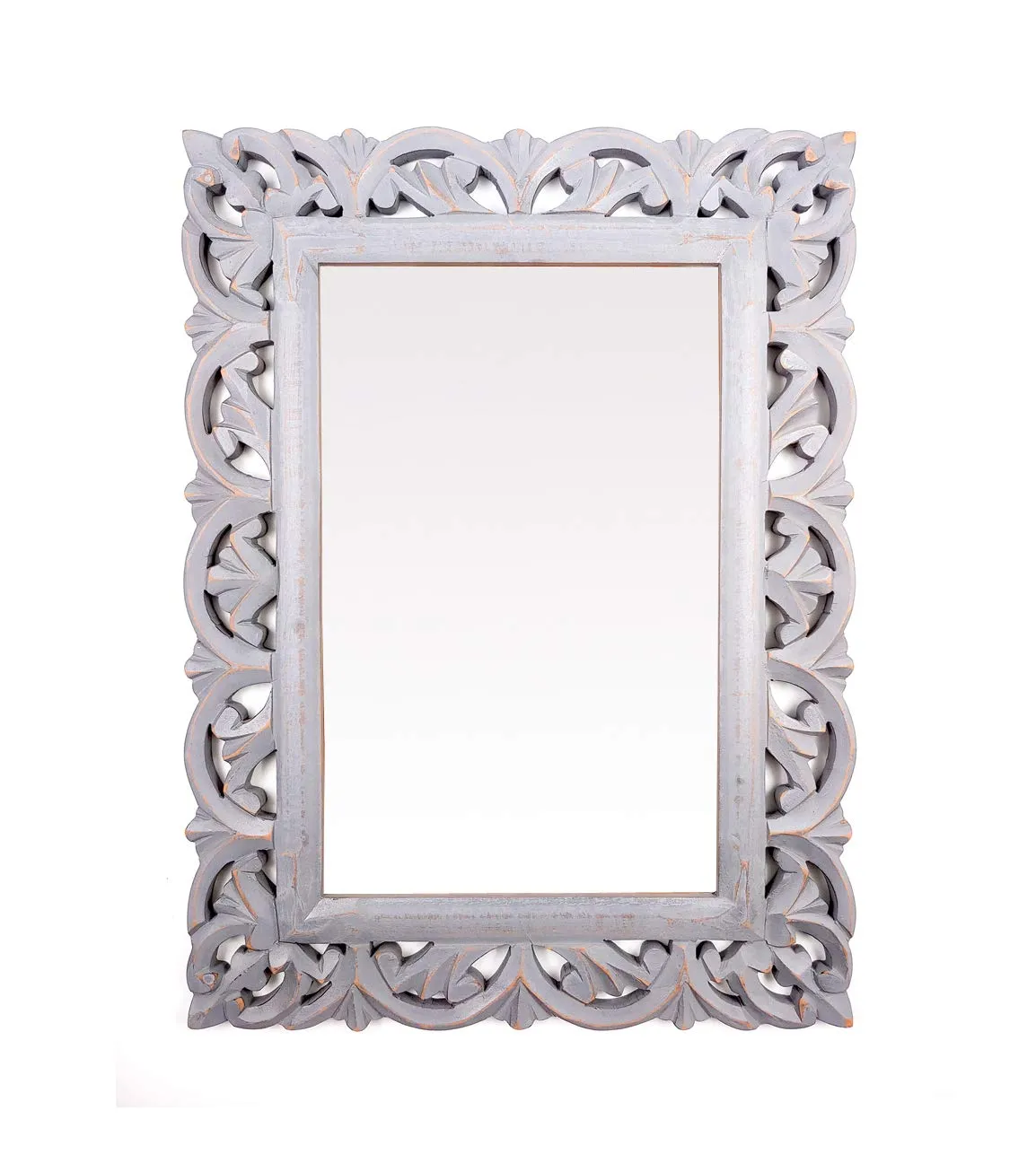 THE URBAN STORE Decorative & Handcrafted Distressed Grey Finished Wooden Wall Mirror, 50 x 37 x 2 CM