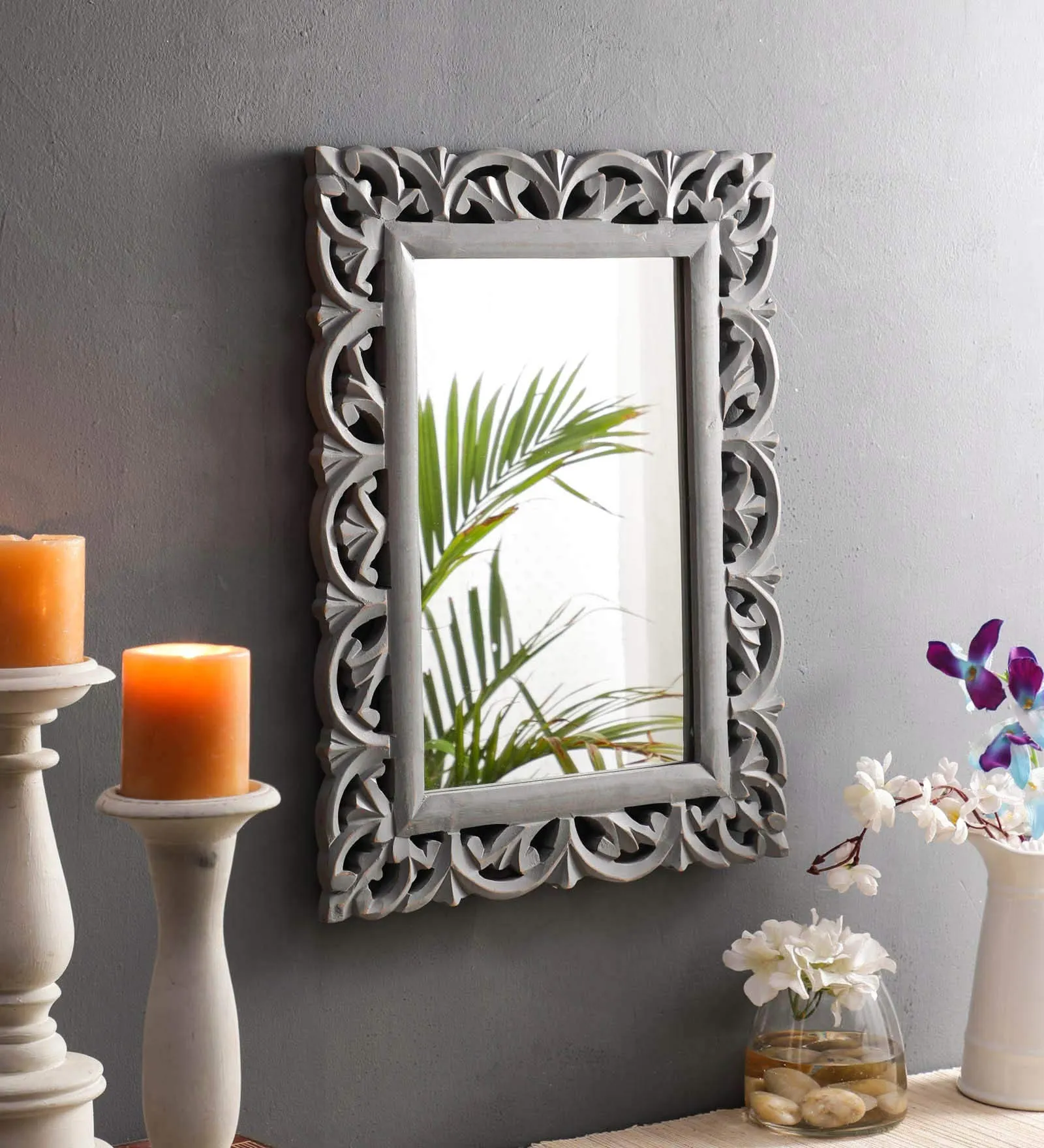 THE URBAN STORE Decorative & Handcrafted Distressed Grey Finished Wooden Wall Mirror, 50 x 37 x 2 CM