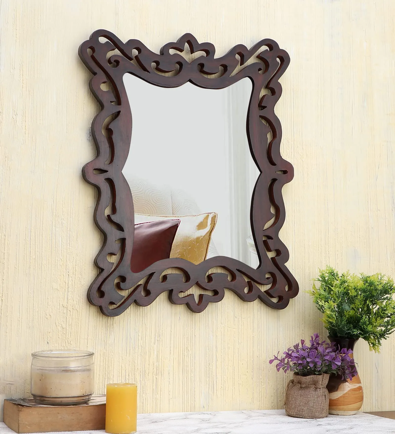 THE URBAN STORE Decorative & Handcrafted Wooden Wall Mirror for Living Room, Bedroom, Washroom, Kids Room, Office, 20 Inch x 16 Inch (Brown)