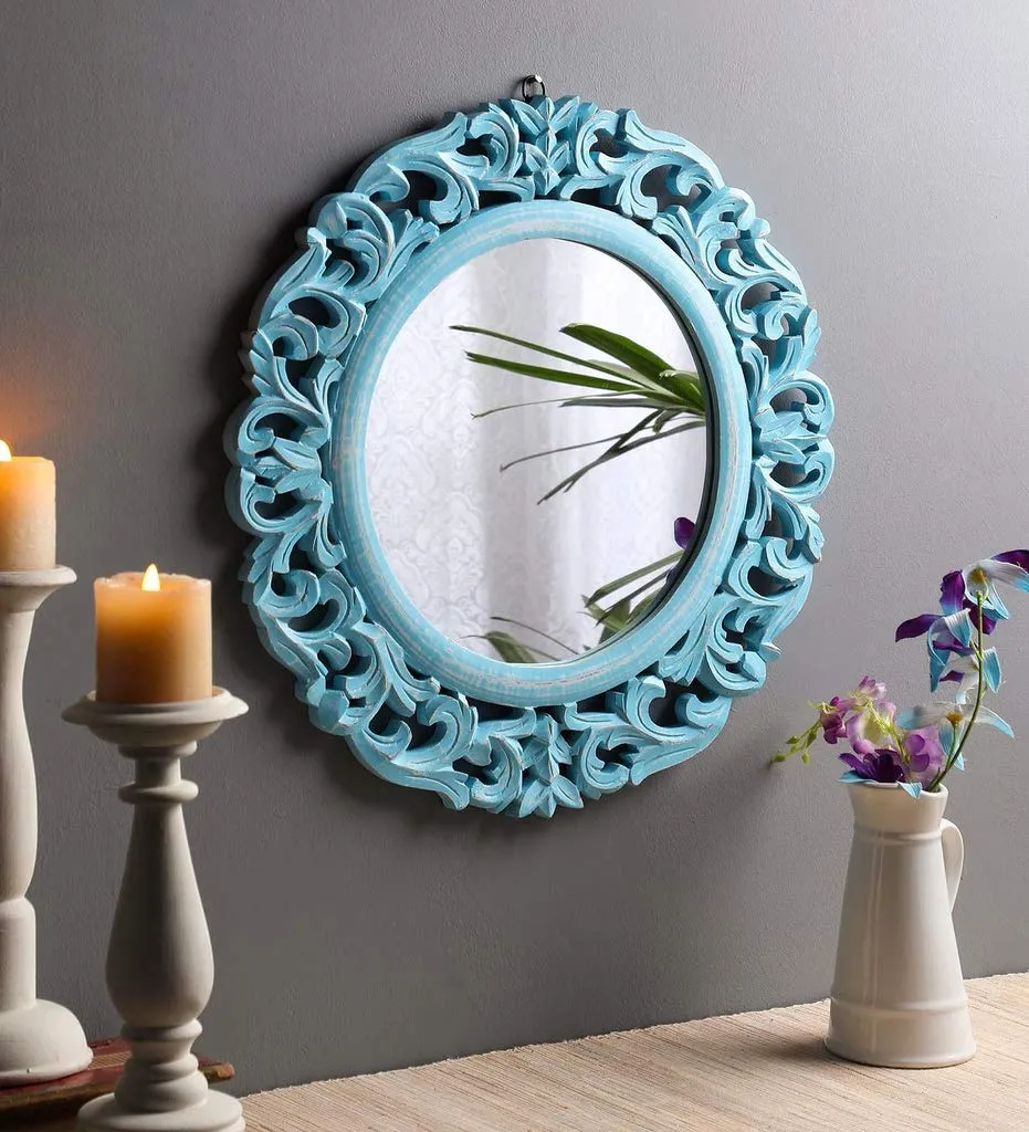 THE URBAN STORE Decorative Hand Crafted Wooden Round Shape Vanity Wall Mirror Glass for Living Room, Bathroom, Bedroom (20"x 20" Inches)