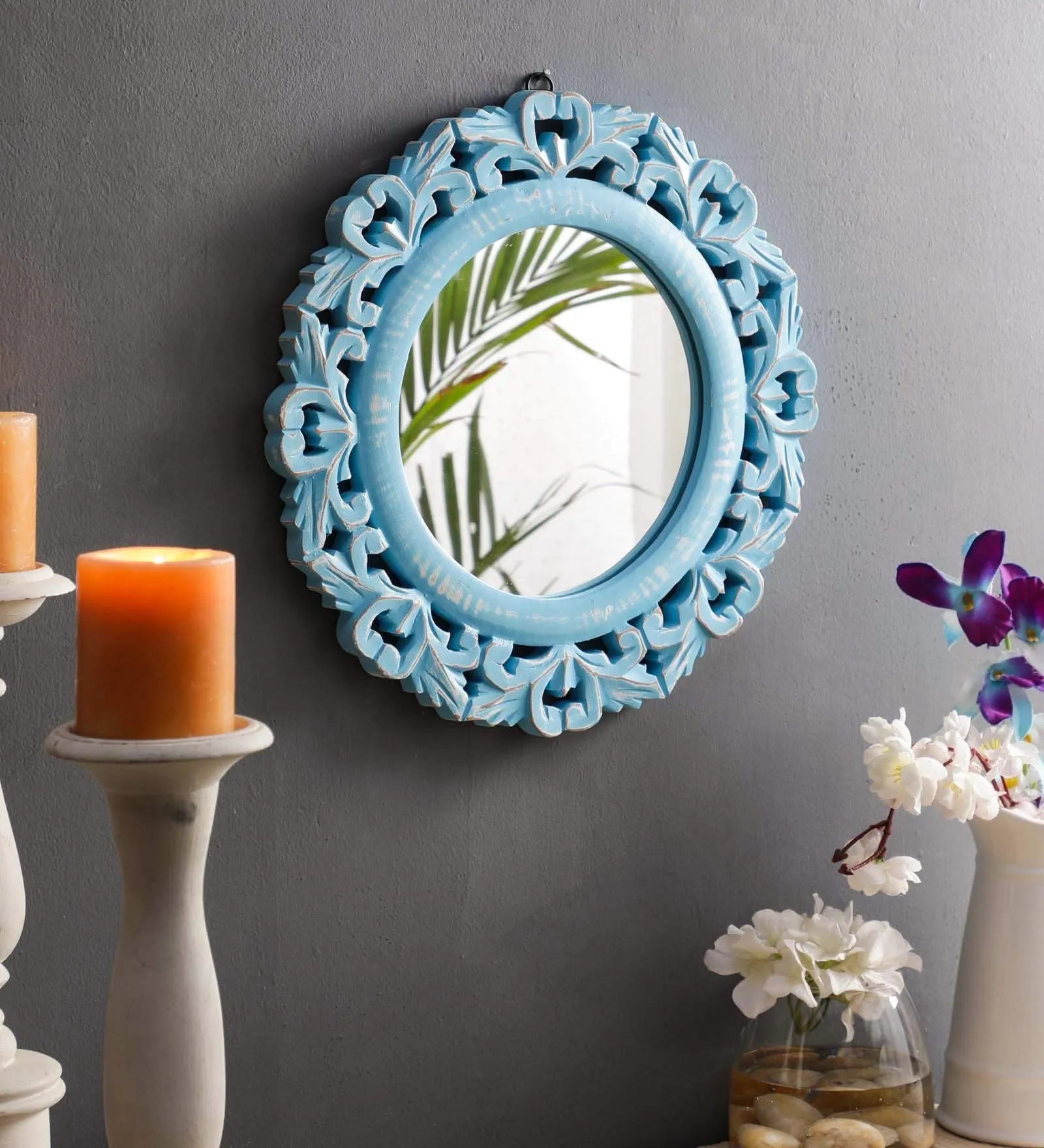 THE URBAN STORE Decorative Hand Crafted Wooden Round Shape Vanity Wall Mirror Glass for Living Room, Bathroom, Bedroom (35x 35 x 1.5 CM)